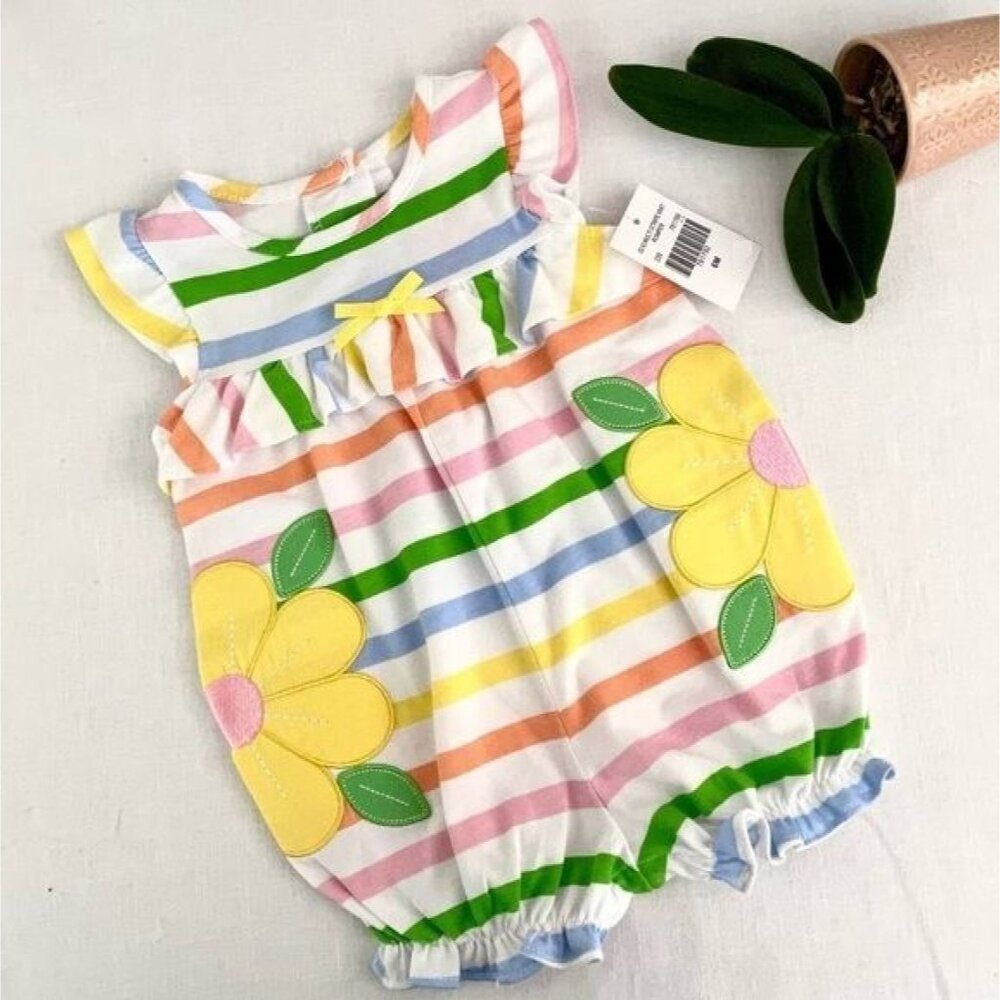 Girl's Good Lad Striped Play Romper with Yellow Flower Applique size 6M New